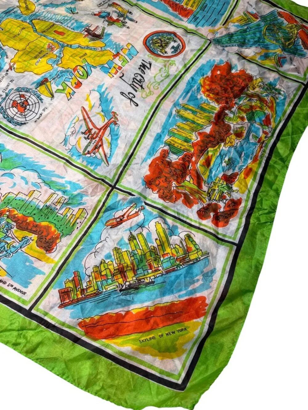 Vintage 1950s New York City Pure Silk Hand Screen Printed Souvenir Scarf